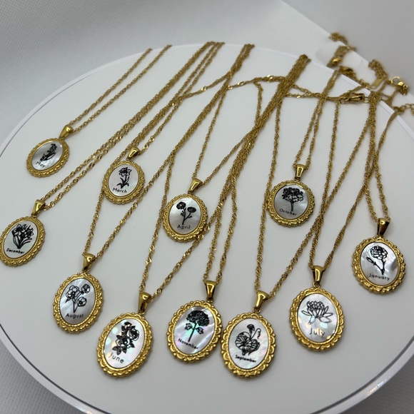 N335 Birth Month Flower Rainbow Mother of Pearl Necklace 18KGold over Stainless - Picture 2 of 6